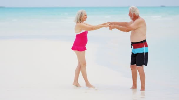 Pareja de ancianos disfrutando de vacaciones en la playa — Vídeo de stock