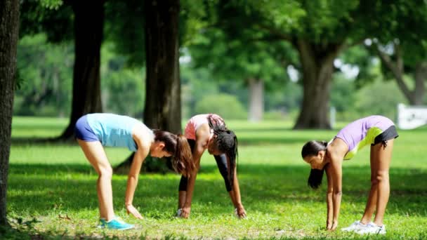 Niñas multiétnicas disfrutando de estiramiento en el parque — Vídeo de stock