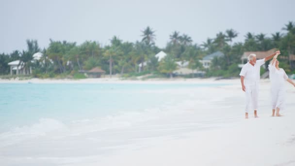 Senior paar genieten van vakantie op strand — Stockvideo