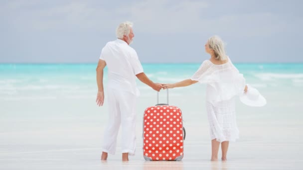 Couple de personnes âgées profitant de vacances sur la plage — Video