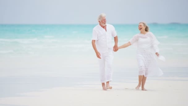 Senior paar genieten van vakantie op strand — Stockvideo