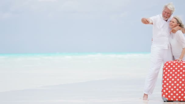 Pareja de ancianos disfrutando de vacaciones en la playa — Vídeos de Stock