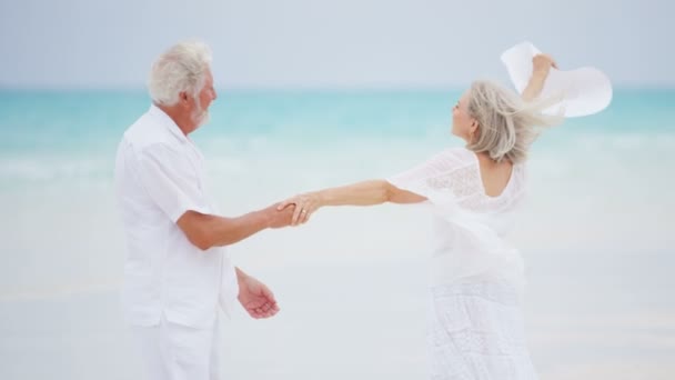 Pareja de ancianos disfrutando de vacaciones en la playa — Vídeos de Stock