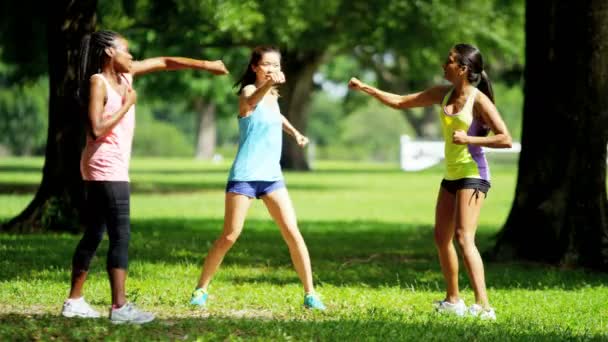 Chicas multiétnicas disfrutando de fitness en el parque — Vídeos de Stock