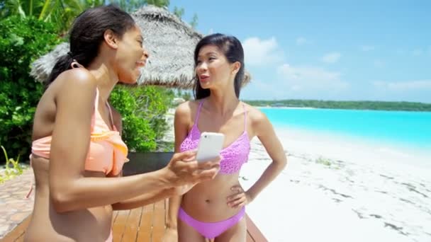 Multi etnische vriendinnen plezier op strand — Stockvideo