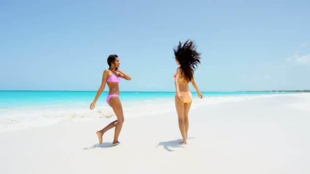 Multi meninas étnicas se divertindo na praia — Vídeo de Stock