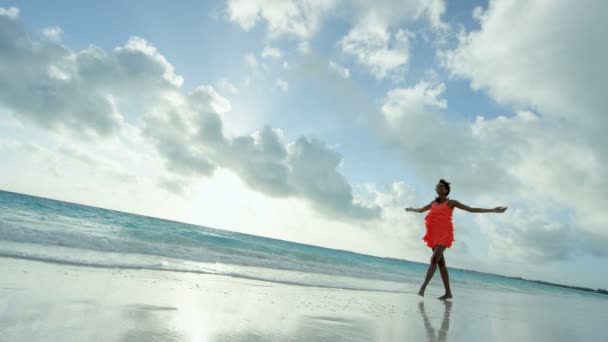 African American girl genieten van vakantie op strand — Stockvideo