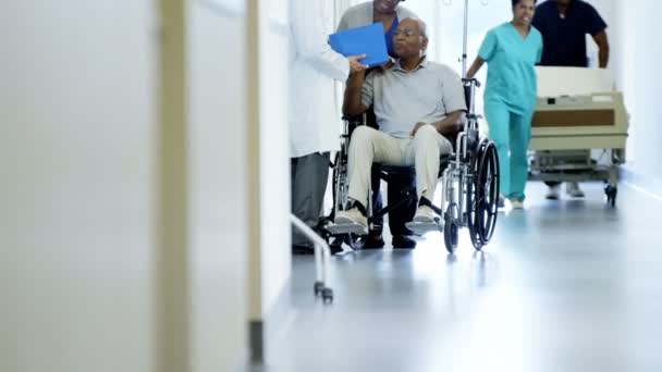Мужчина на инвалидной коляске с женой консультируется с врачом — стоковое видео