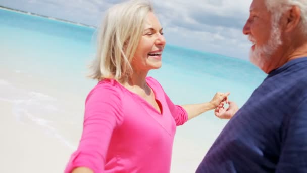 Couple senior dansant sur une plage tropicale — Video
