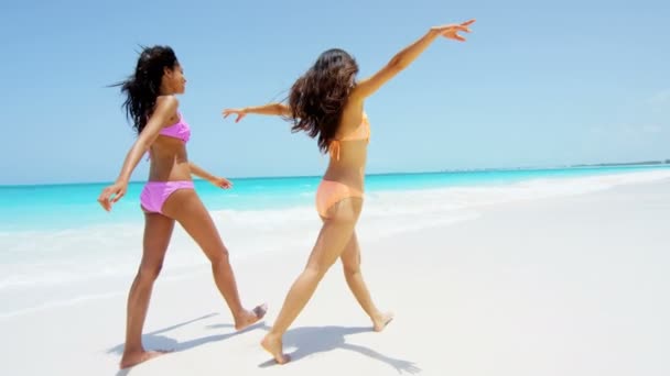 Multi meninas étnicas se divertindo na praia — Vídeo de Stock