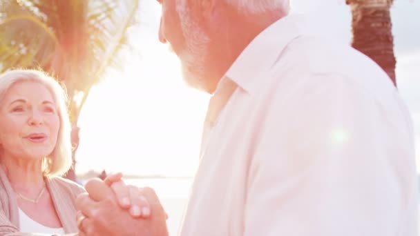 Caucásico senior pareja bailando al atardecer — Vídeo de stock