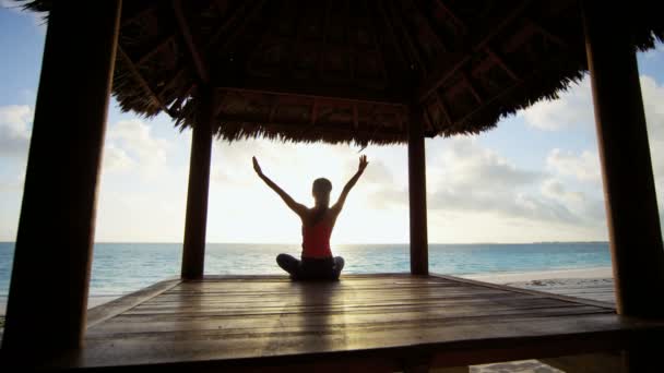 Junges Mädchen praktiziert Yoga am Strand — Stockvideo