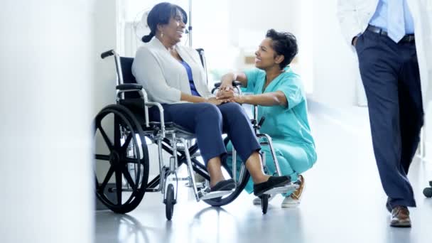 Female nurse and patient on wheelchair in hospital — Stock Video