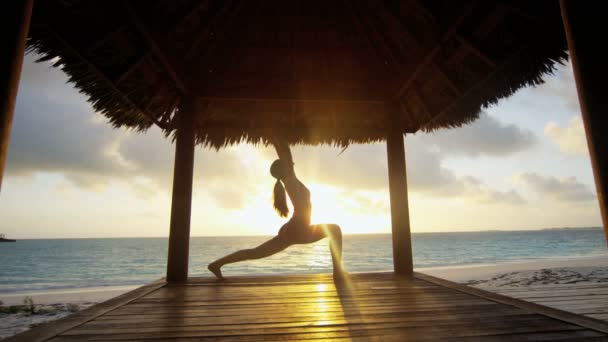 Jeune fille pratiquant le yoga sur la plage — Video