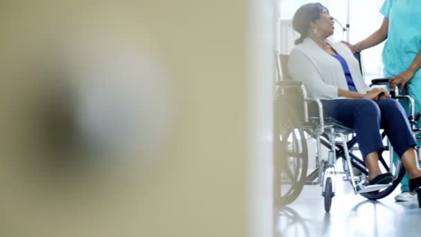 Enfermera y paciente en silla de ruedas en el hospital — Vídeos de Stock