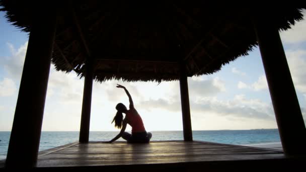 Jong meisje beoefenen van yoga op het strand — Stockvideo