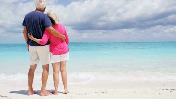 Пожилая пара наслаждается отдыхом на пляже — стоковое видео