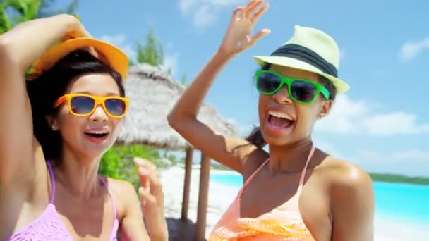 Multi meninas étnicas se divertindo na praia — Vídeo de Stock