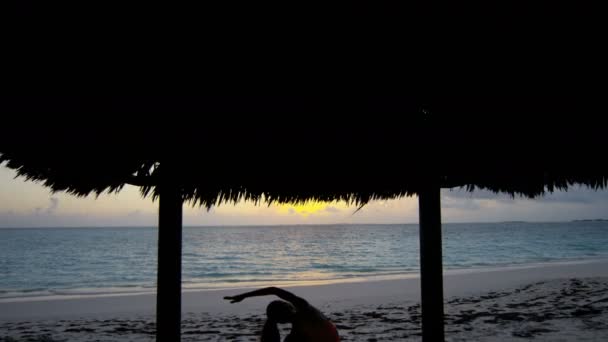 Junges Mädchen praktiziert Yoga am Strand — Stockvideo