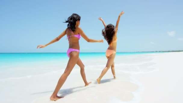 Multi meninas étnicas se divertindo na praia — Vídeo de Stock