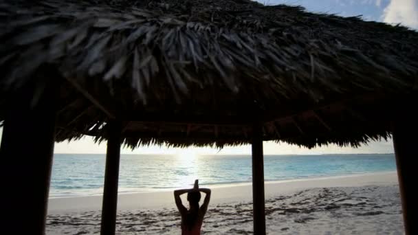 Ung flicka utövar yoga på stranden — Stockvideo