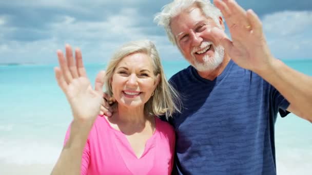 Pareja de ancianos disfrutando de vacaciones en la playa — Vídeos de Stock