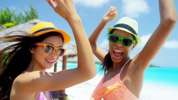 Multi meninas étnicas se divertindo na praia — Vídeo de Stock