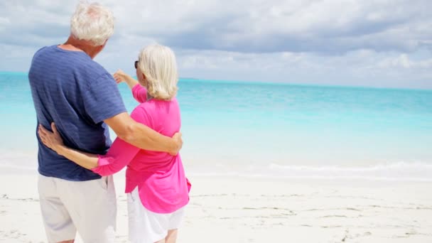 Pareja de ancianos disfrutando de vacaciones en la playa — Vídeos de Stock