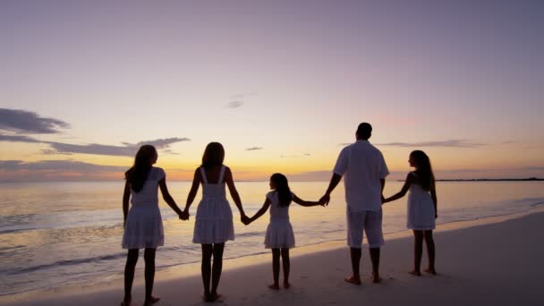 Familie caucaziană care se bucură de vacanță pe plajă la apus — Videoclip de stoc