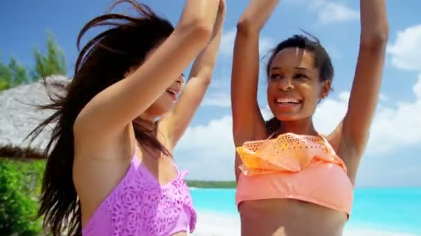 Multi meninas étnicas se divertindo na praia — Vídeo de Stock