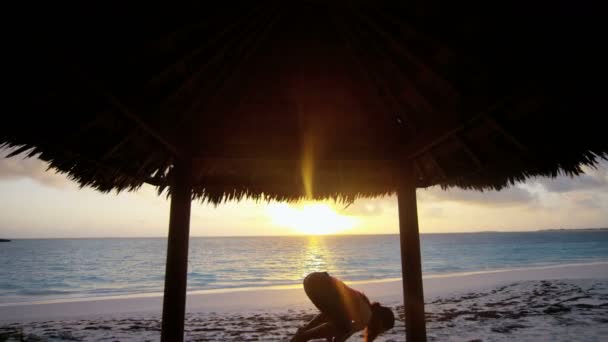 Молода дівчина практикує йогу на пляжі — стокове відео