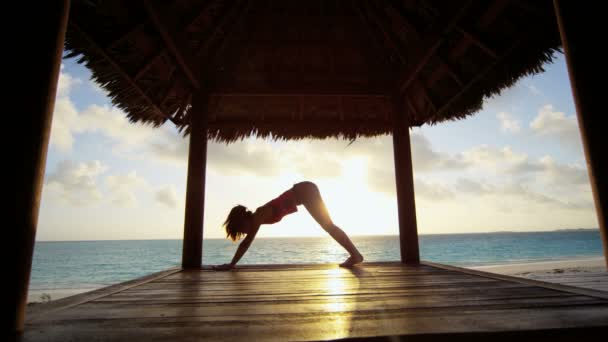 Chica joven practicando yoga en la playa — Vídeo de stock