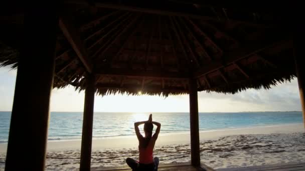 Junges Mädchen praktiziert Yoga am Strand — Stockvideo