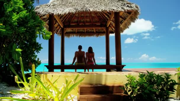Couple in thatched tiki hut on beach — Stock Video