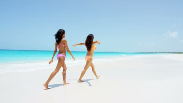 Multi meninas étnicas se divertindo na praia — Vídeo de Stock