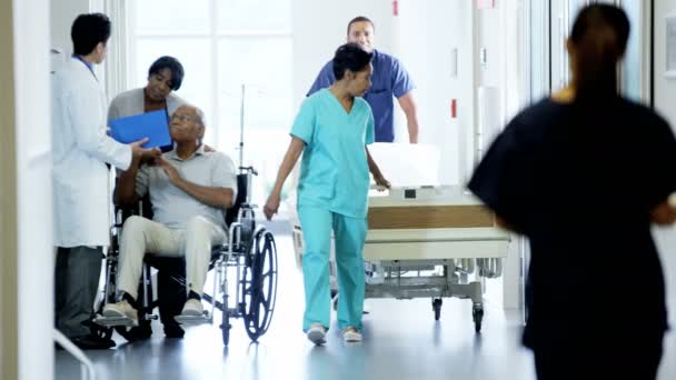 Homme en fauteuil roulant avec femme consulte un médecin — Video