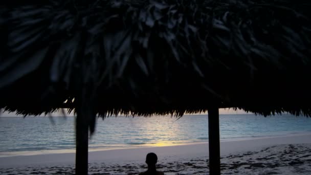 Mladá dívka, cvičí jógu na pláži — Stock video