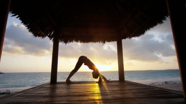 Chica joven practicando yoga en la playa — Vídeo de stock