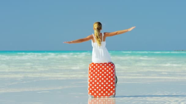 Giovane ragazza su una spiaggia seduta su una valigia — Video Stock