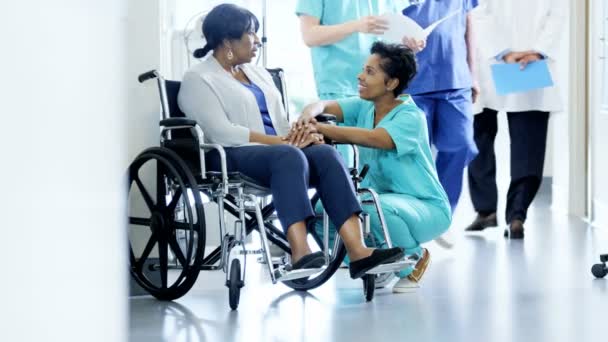 Female nurse and patient on wheelchair in hospital — Stock Video