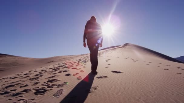 Mulher exploradora caminhando através de dunas de areia — Vídeo de Stock