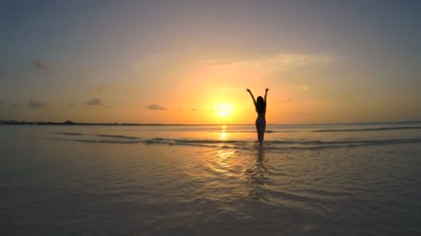 Chinees meisje in bikini op strand dansen — Stockvideo