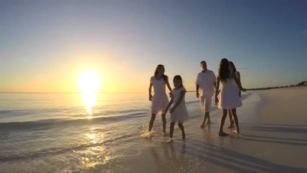 Кавказская семья прогуливается по песчаному пляжу — стоковое видео
