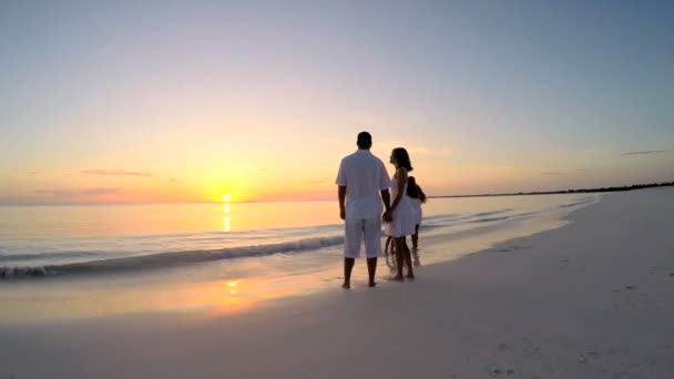 Familia caucásica caminando en la playa de arena — Vídeos de Stock