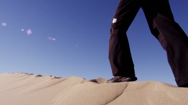 Mulher exploradora caminhando através de dunas de areia — Vídeo de Stock