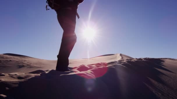 Explorador mujer caminando a través de dunas de arena — Vídeos de Stock