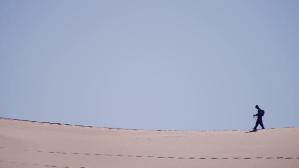 Femme exploratrice marchant à travers les dunes de sable — Video