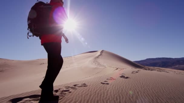 Femme exploratrice marchant à travers les dunes de sable — Video
