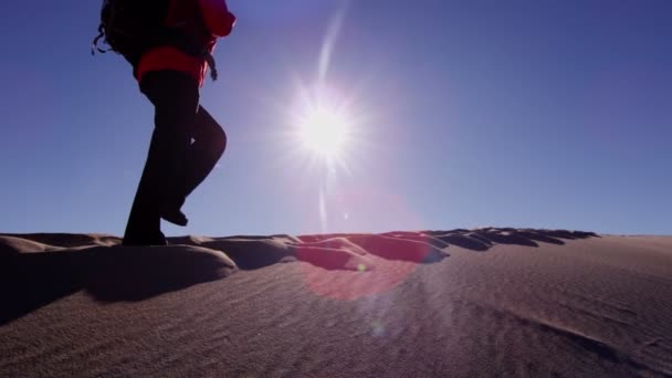 Explorador mujer caminando a través de dunas de arena — Vídeos de Stock