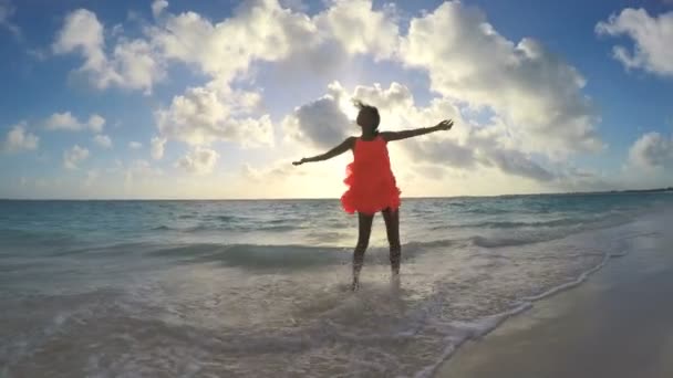 African American girl genieten van vakantie op strand — Stockvideo